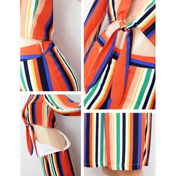 Striped Tie Front Top Wide Leg High Waist Pant Set - Picture 4 of 8